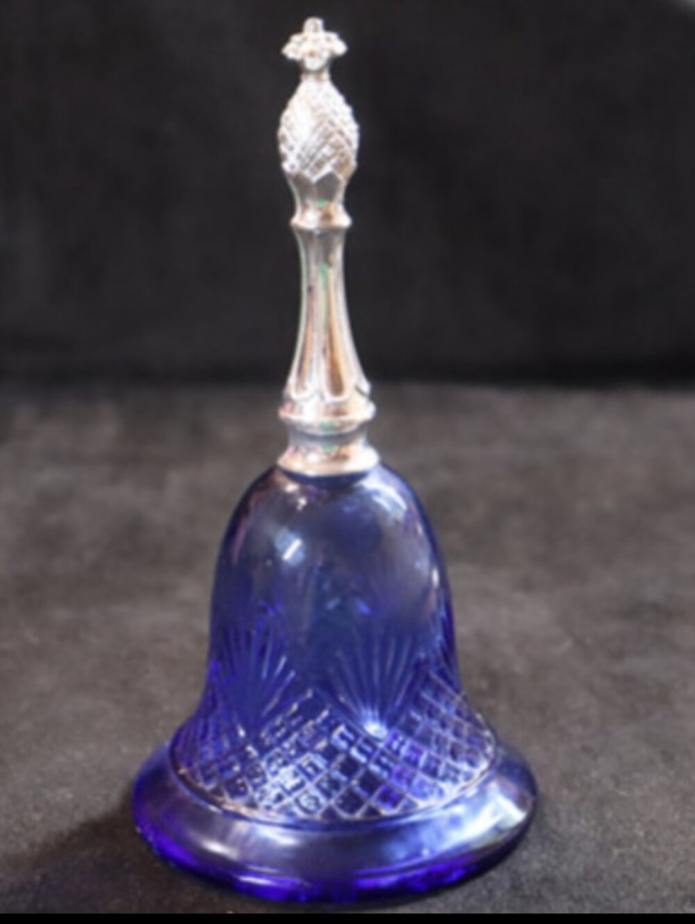 Vintage 1976 Avon Cobalt Blue Glass Bell with Silver Pineapple Styled Handle